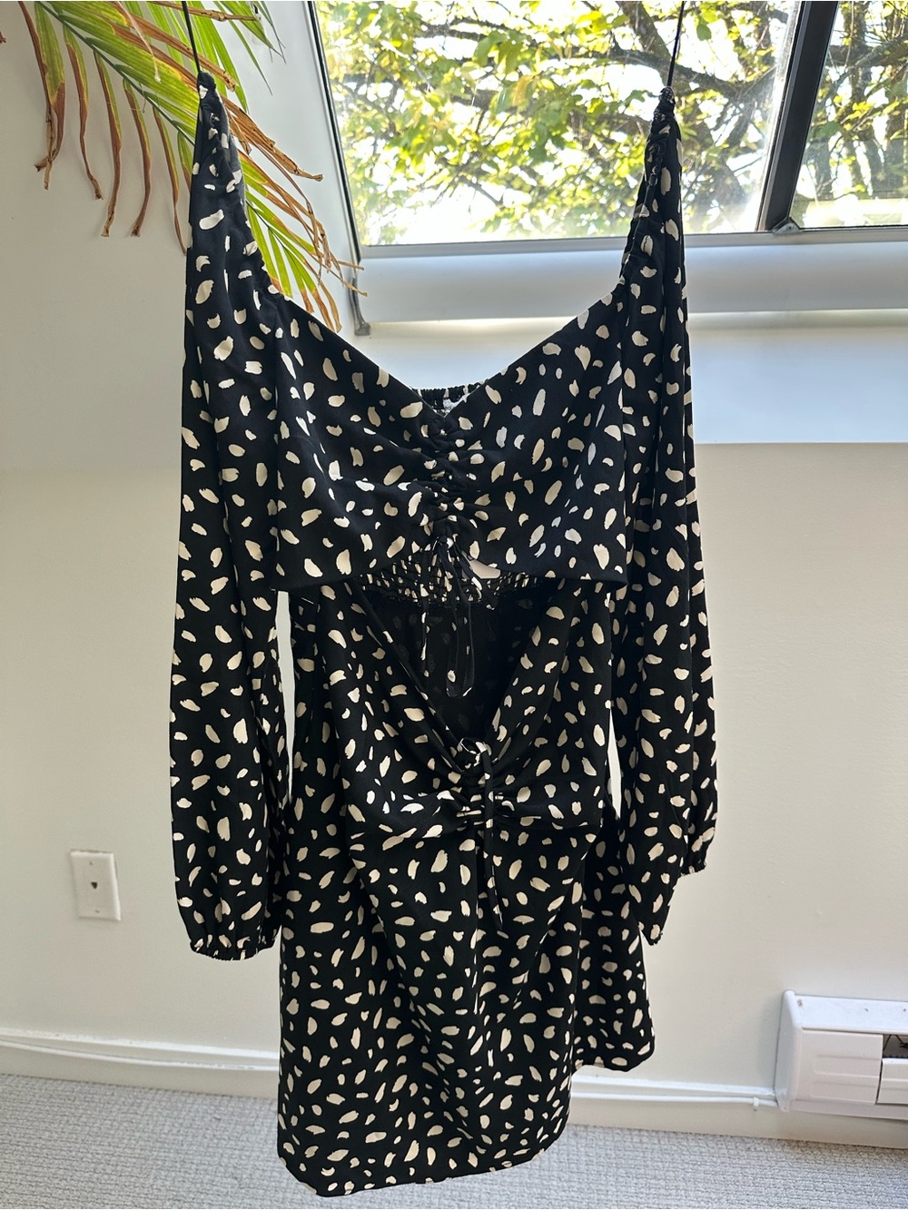 Black Long Sleeve Mini Dress with White Spot Print and Gathered Front